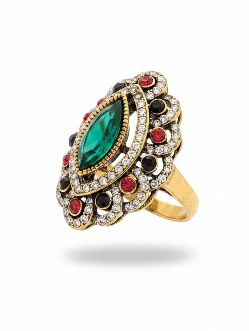 Nwt SASSIFIED BOUTIQUE Vintage-Style Gold Ring with Emerald Green Center